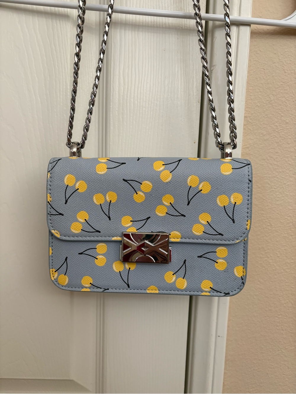 Benetton Cherry Print Crossbody Shoulder Bag Blue Silver Chain